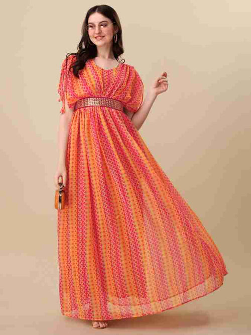 Anveri Trendy Women’s Printed Georgette Flared Gown with Waist Belt