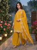 Anveri Women Embroidered Kurta Palazzo Dupatta Set | Mustard Yellow Ethnic Suit Set for Festive & Party Wear