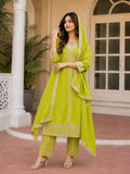 Anveri  Women Embroidered Kurta Pant Dupatta Set | Lime Green Ethnic Suit Set for Festive & Party Wear