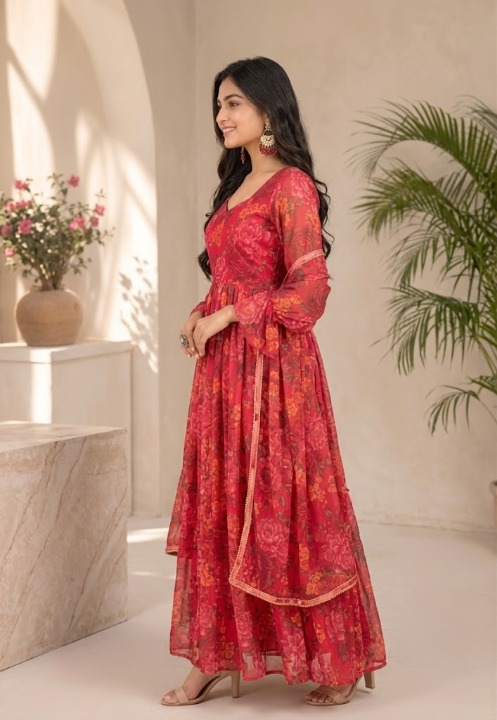 Women Floral Printed Georgette Anarkali Kurta with Dupatta Set (Red)