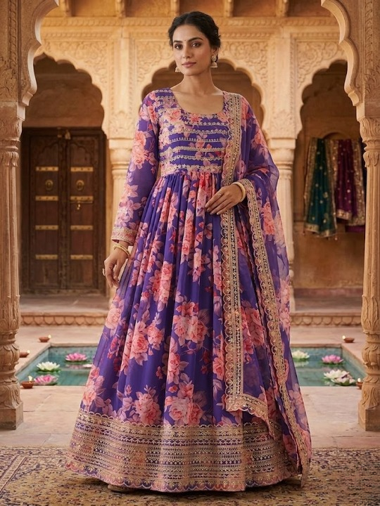 Anveri Women Floral Printed Anarkali Gown with Dupatta Set | Purple Ethnic Wear for Festive & Wedding Functions