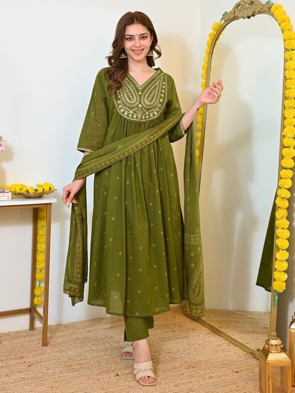 Anveri Women Embroidered Anarkali Kurta Pant Dupatta Set | Ethnic Suit Set for Women | Festive & Casual Wear