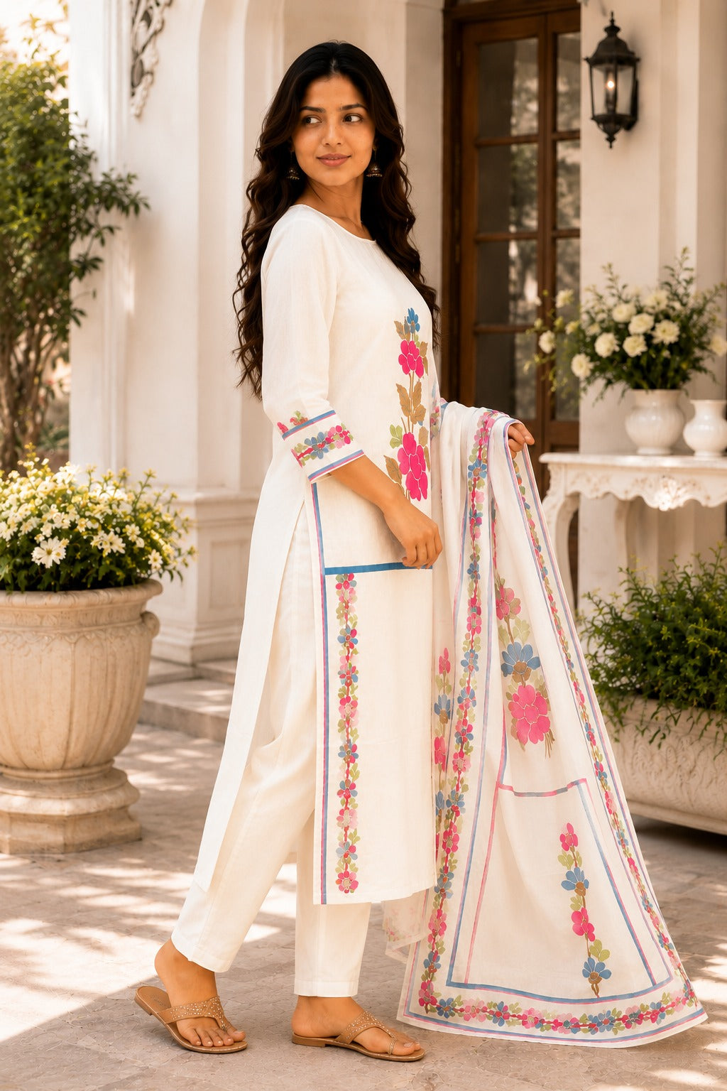 ANVERI Women’s White Floral Printed Kurta Pant Set with Dupatta | Elegant Ethnic Wear Suit Set