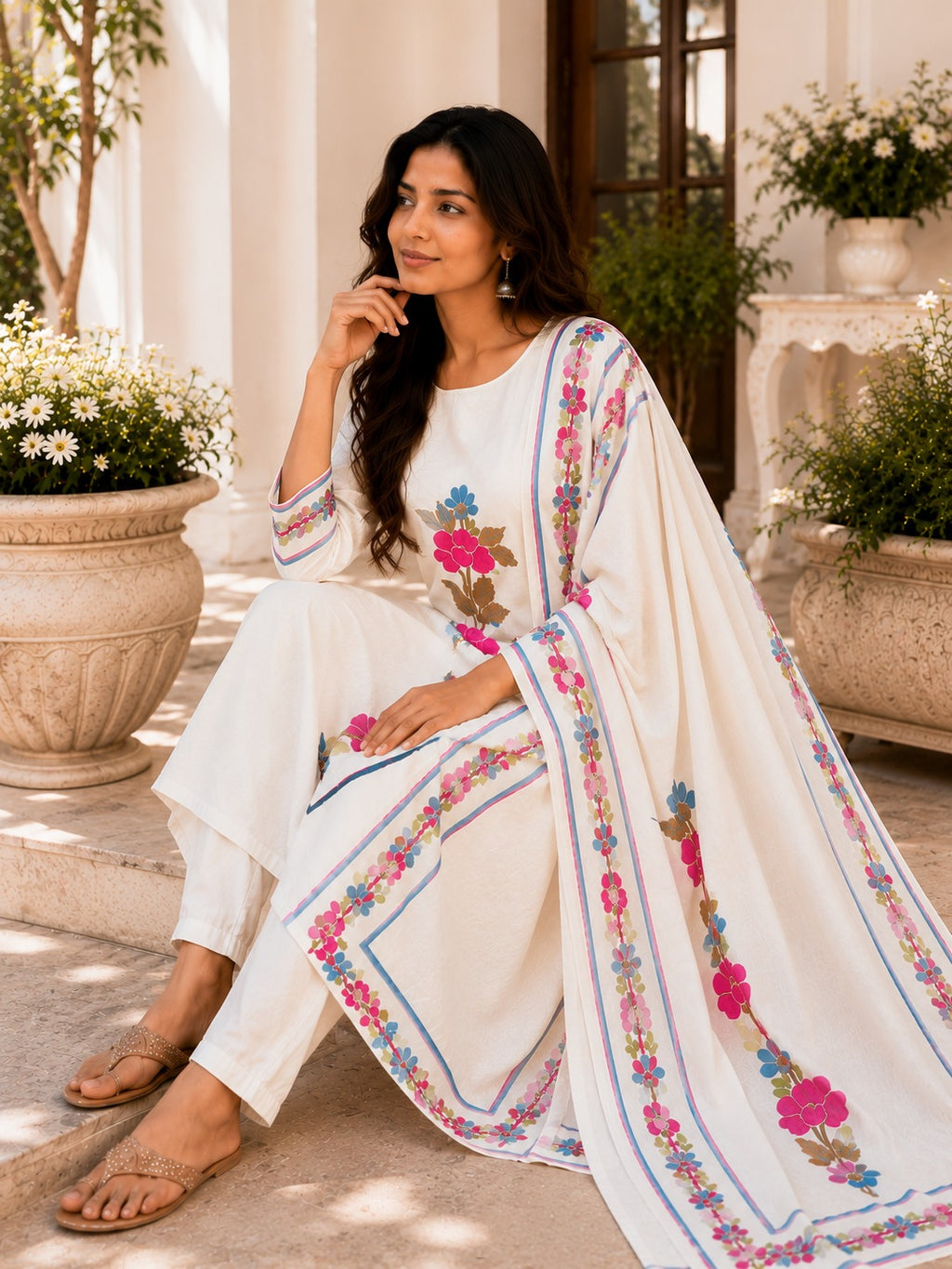 ANVERI Women’s White Floral Printed Kurta Pant Set with Dupatta | Elegant Ethnic Wear Suit Set