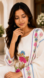 ANVERI Women’s White Floral Printed Kurta Pant Set with Dupatta | Elegant Ethnic Wear Suit Set