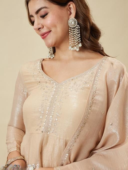 ANVERI Women’s cream Embellished Kurta Palazzo Set with Dupatta | Elegant Ethnic Co-Ord Set for Festive & Party Wear