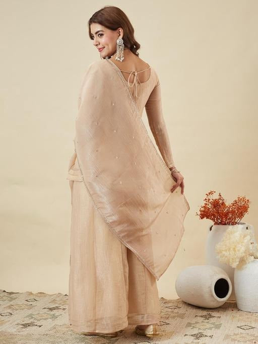 ANVERI Women’s cream Embellished Kurta Palazzo Set with Dupatta | Elegant Ethnic Co-Ord Set for Festive & Party Wear