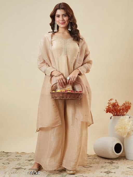 ANVERI Women’s cream Embellished Kurta Palazzo Set with Dupatta | Elegant Ethnic Co-Ord Set for Festive & Party Wear