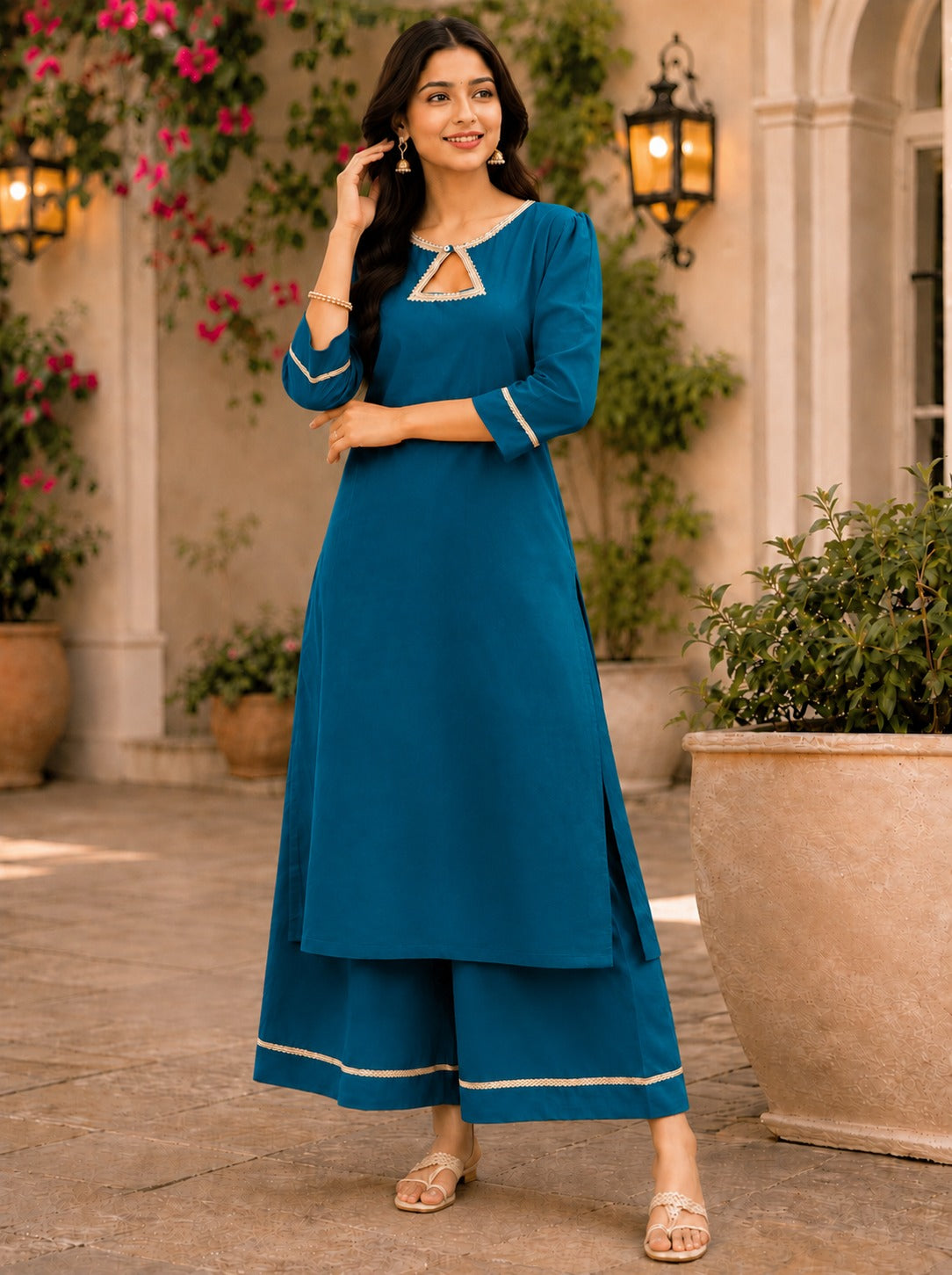 ANVERI Women’s Pink Solid Kurta with Palazzo Pants | Elegant Ethnic Co-Ord Set | Stylish 3/4 Sleeves Traditional Casual Wear