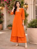 ANVERI Women’s Pink Solid Kurta with Palazzo Pants | Elegant Ethnic Co-Ord Set | Stylish 3/4 Sleeves Traditional Casual Wear