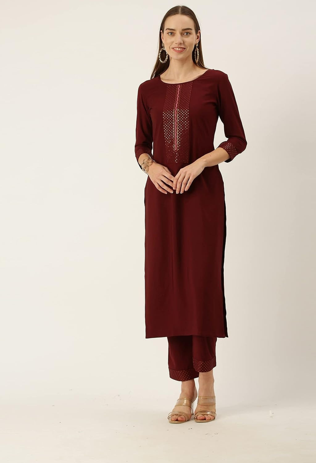 ANVERI Women’s Solid Straight Kurta Pant Set with Embroidered Detailing | Elegant Ethnic Wear