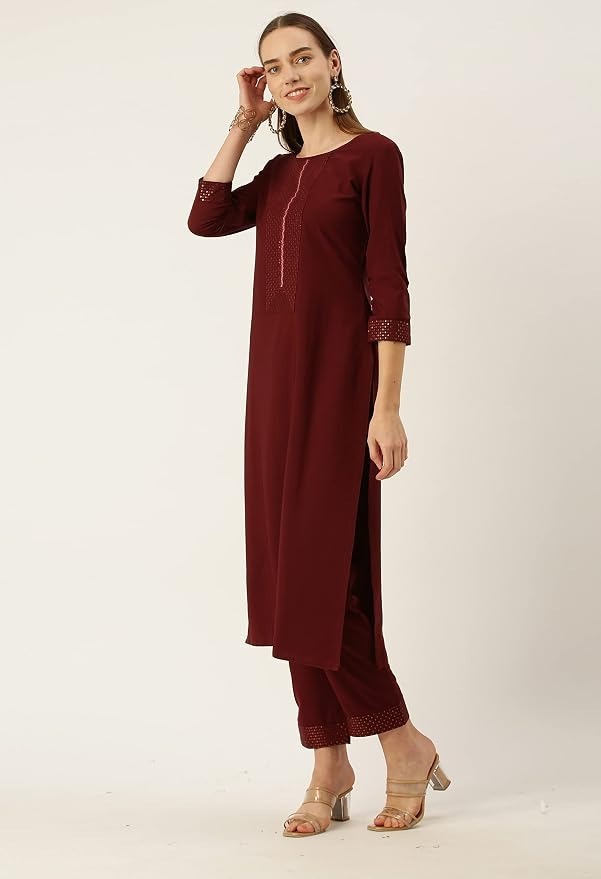 ANVERI Women’s Solid Straight Kurta Pant Set with Embroidered Detailing | Elegant Ethnic Wear