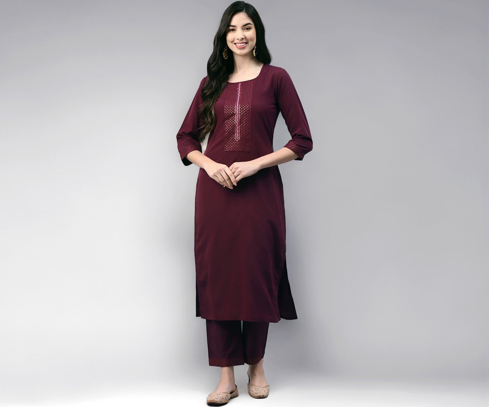 ANVERI Women’s Solid Straight Kurta Pant Set with Embroidered Detailing | Elegant Ethnic Wear
