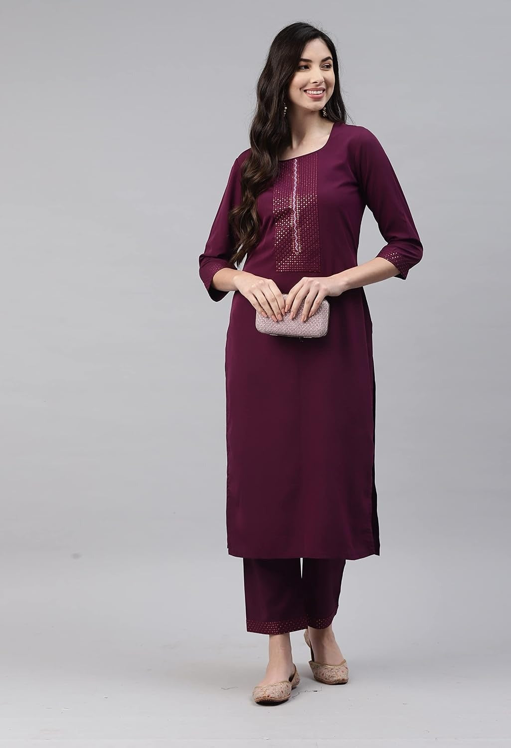 ANVERI Women’s Solid Straight Kurta Pant Set with Embroidered Detailing | Elegant Ethnic Wear
