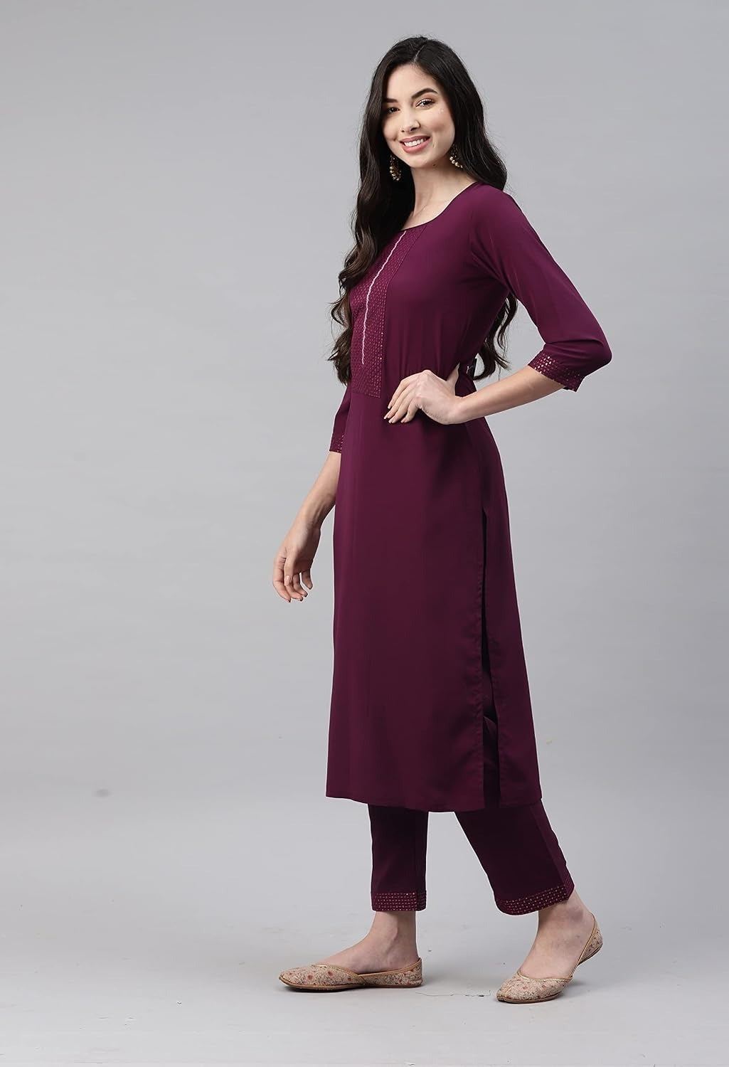 ANVERI Women’s Solid Straight Kurta Pant Set with Embroidered Detailing | Elegant Ethnic Wear