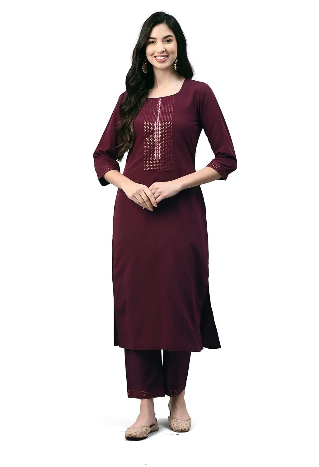 ANVERI Women’s Solid Straight Kurta Pant Set with Embroidered Detailing | Elegant Ethnic Wear