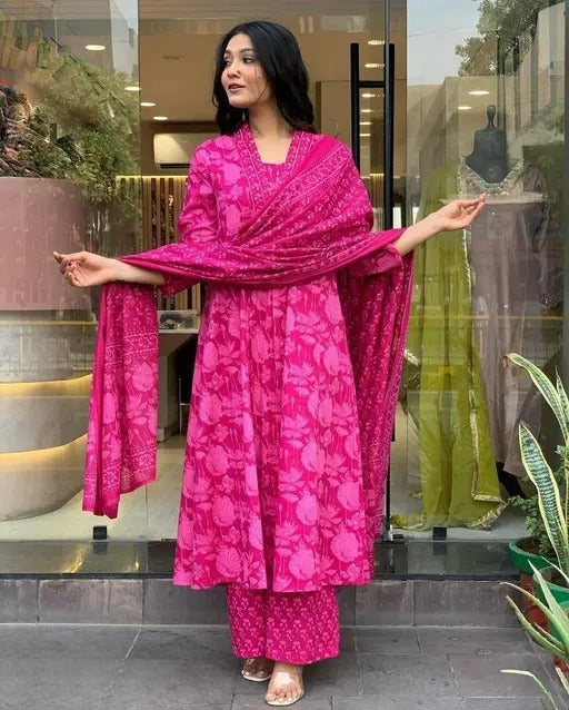 Anveri Textile Women's Cotton Summer Suit Set - 3-Piece Pink Outfit with Printed Dupatta, 3/4 Sleeve Top & Printed Bottom for Comfortable All-Day Wear(Archana pink)