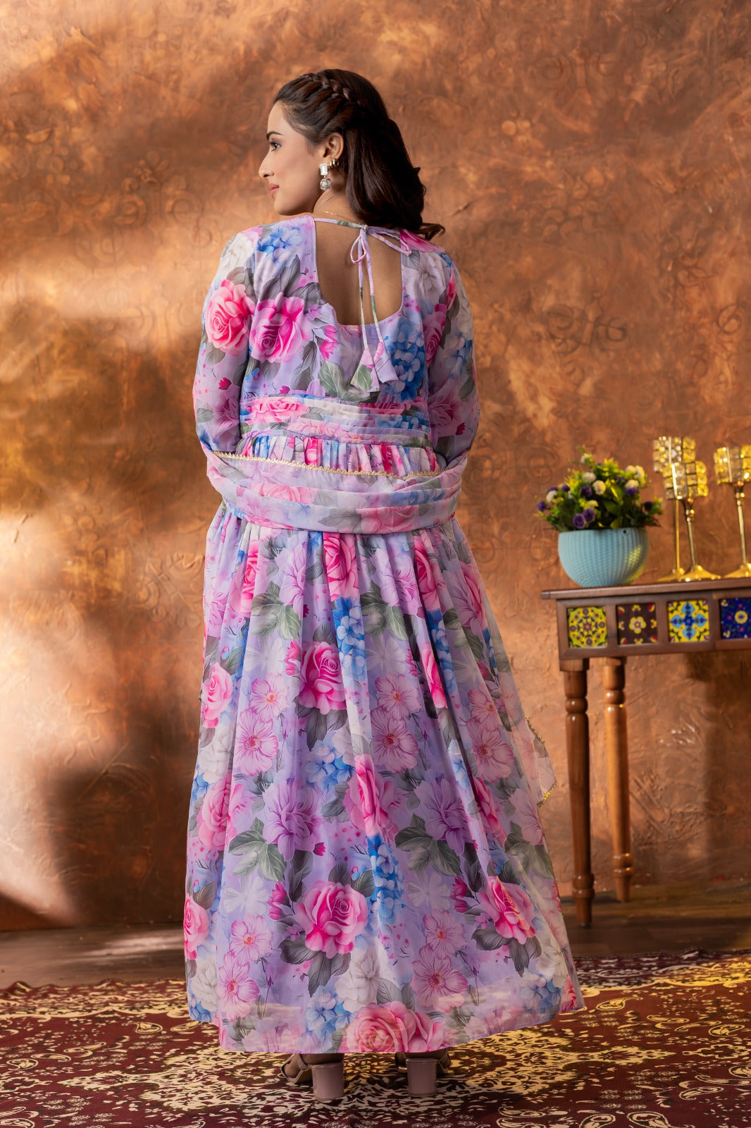 Elegant Georgette Ankle-Length Gown with Floral Printed Dupatta