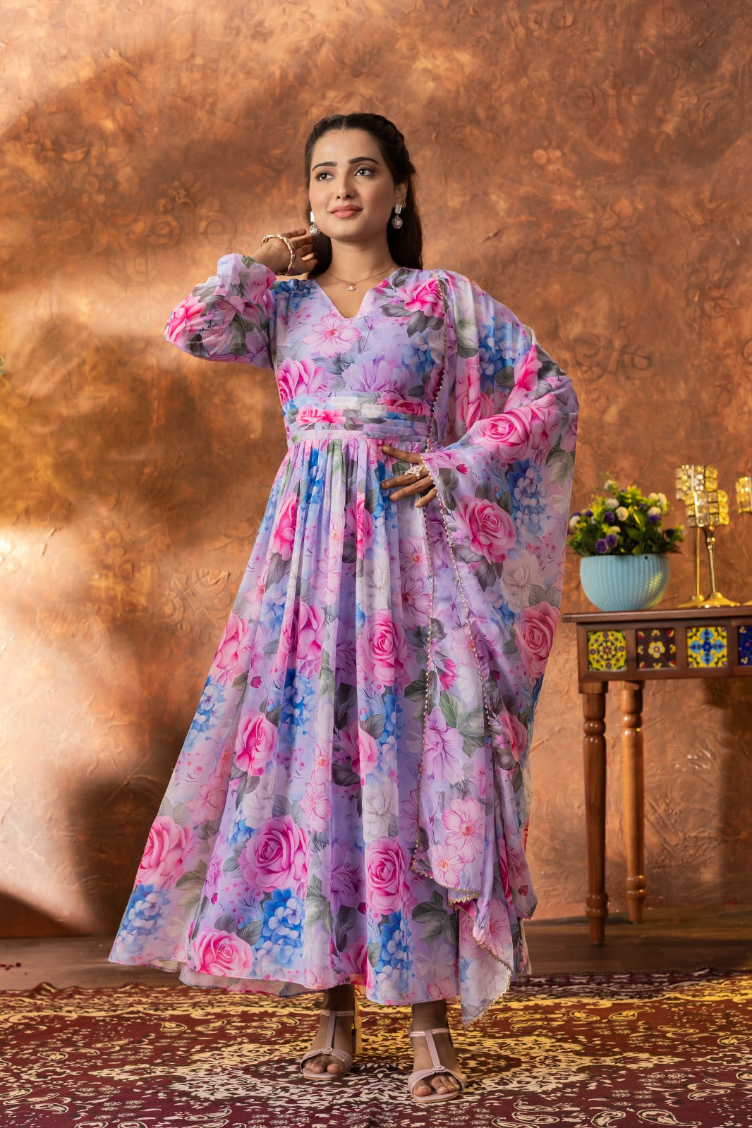 Elegant Georgette Ankle-Length Gown with Floral Printed Dupatta