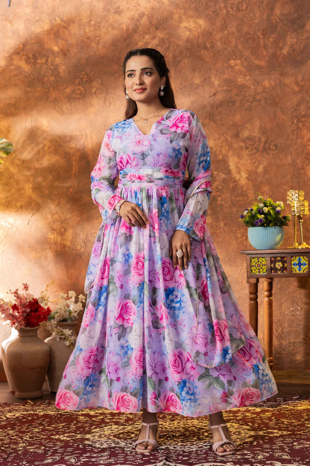 Elegant Georgette Ankle-Length Gown with Floral Printed Dupatta