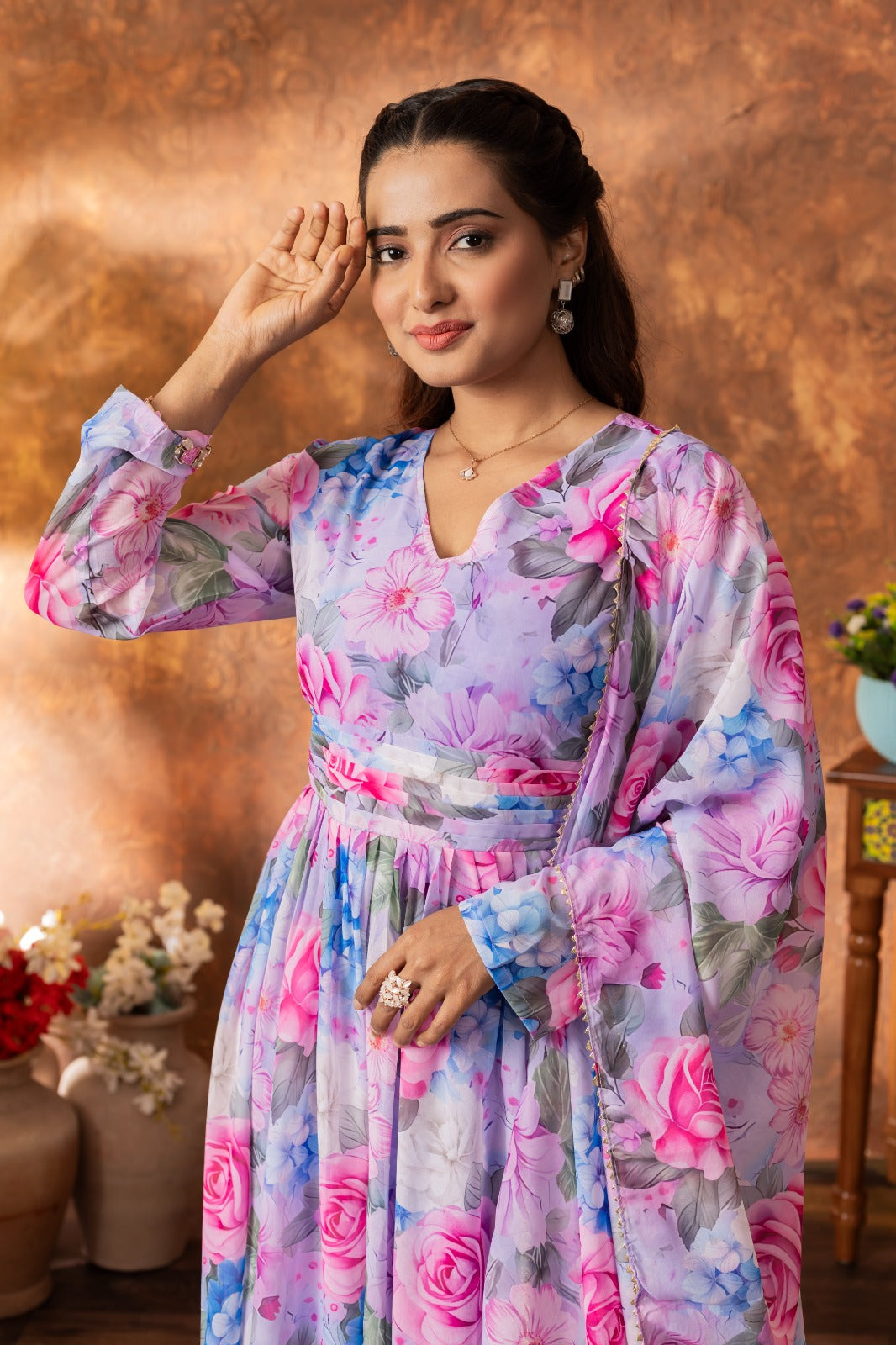 Elegant Georgette Ankle-Length Gown with Floral Printed Dupatta