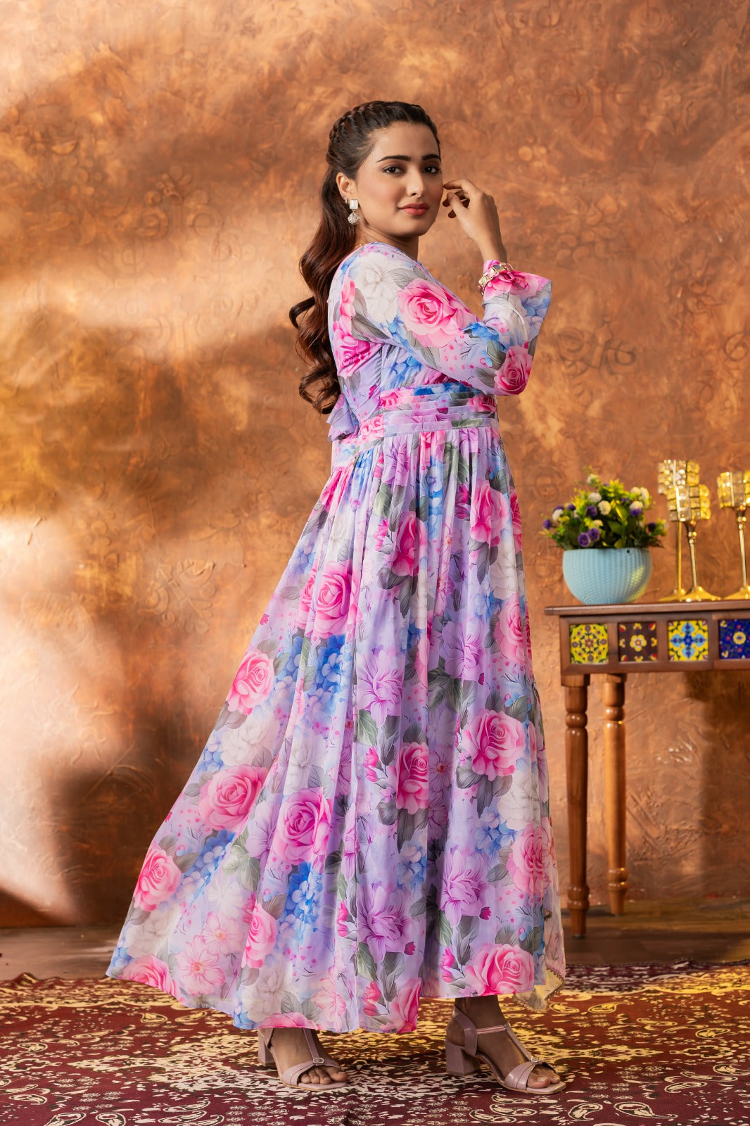 Elegant Georgette Ankle-Length Gown with Floral Printed Dupatta