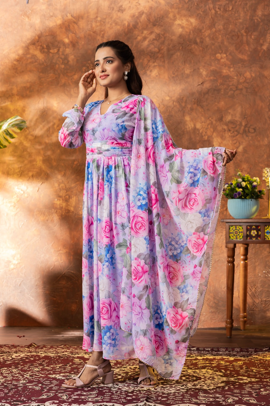 Elegant Georgette Ankle-Length Gown with Floral Printed Dupatta