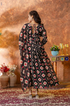 Anveri Textile Georgette Black Floral Print Gown/Kurta with Dupatta – V-Neck, Full Sleeves, Knee Length