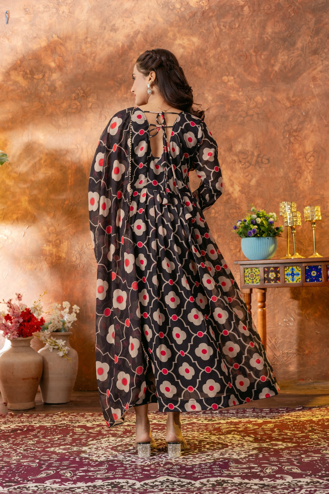 Anveri Textile Georgette Black Floral Print Gown/Kurta with Dupatta – V-Neck, Full Sleeves, Knee Length