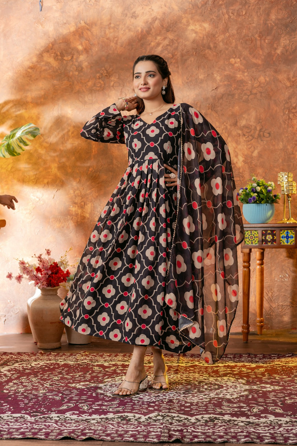 Anveri Textile Georgette Black Floral Print Gown/Kurta with Dupatta – V-Neck, Full Sleeves, Knee Length
