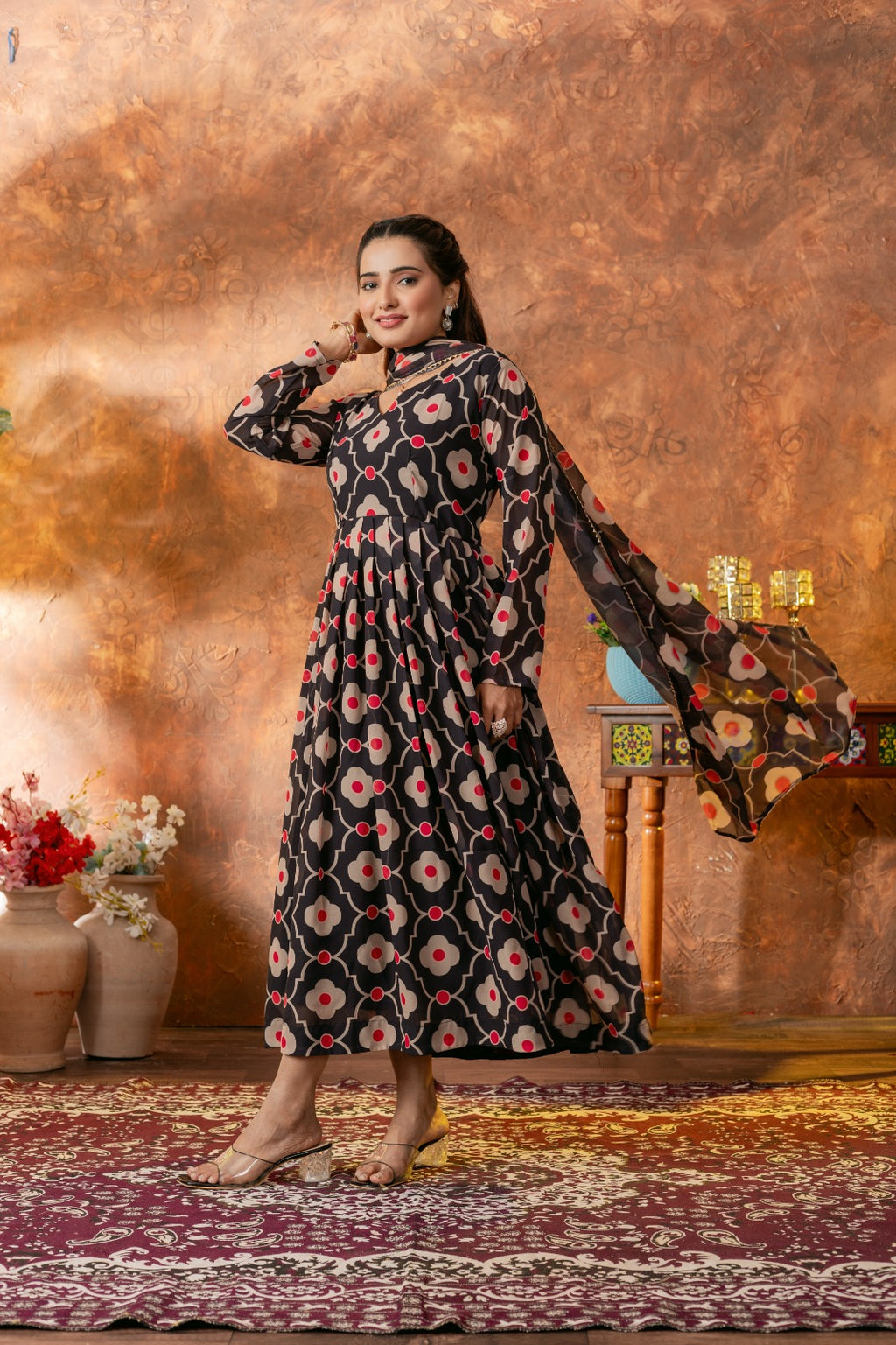 Anveri Textile Georgette Black Floral Print Gown/Kurta with Dupatta – V-Neck, Full Sleeves, Knee Length