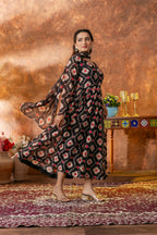 Anveri Textile Georgette Black Floral Print Gown/Kurta with Dupatta – V-Neck, Full Sleeves, Knee Length
