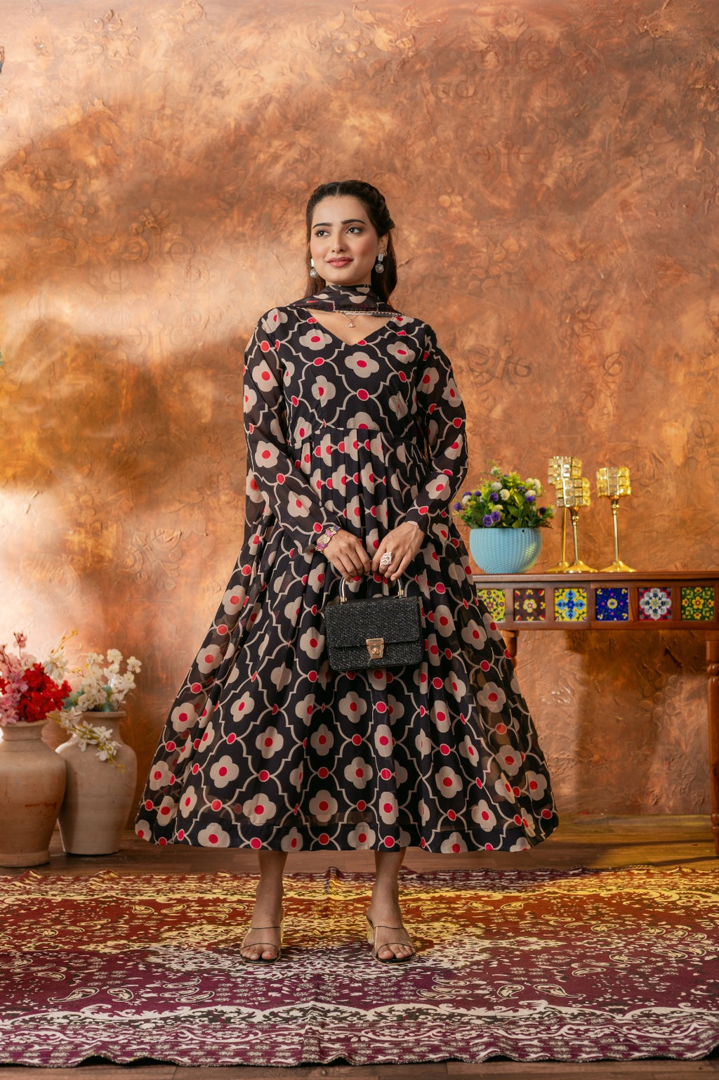 Anveri Textile Georgette Black Floral Print Gown/Kurta with Dupatta – V-Neck, Full Sleeves, Knee Length