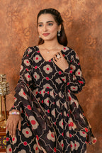 Anveri Textile Georgette Black Floral Print Gown/Kurta with Dupatta – V-Neck, Full Sleeves, Knee Length
