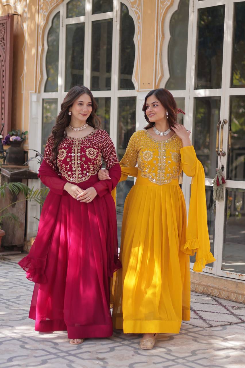 Faux Blooming Georgette With Attractive embroidered Work yellow