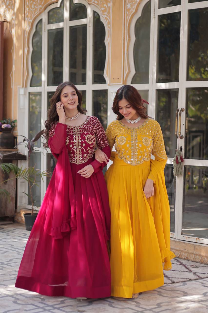 Faux Blooming Georgette With Attractive embroidered Work yellow