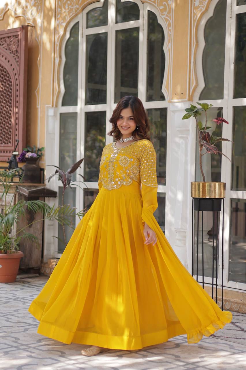 Faux Blooming Georgette With Attractive embroidered Work yellow