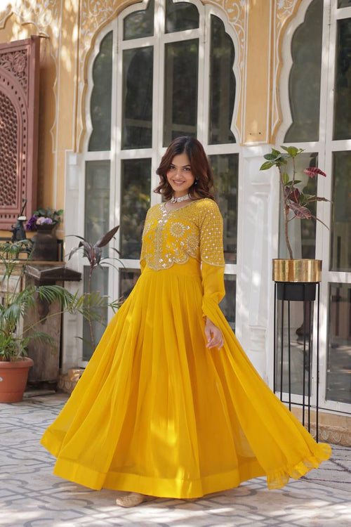 Faux Blooming Georgette With Attractive embroidered Work yellow