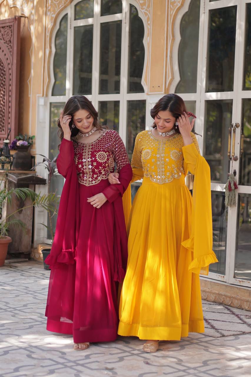 Faux Blooming Georgette With Attractive embroidered Work yellow