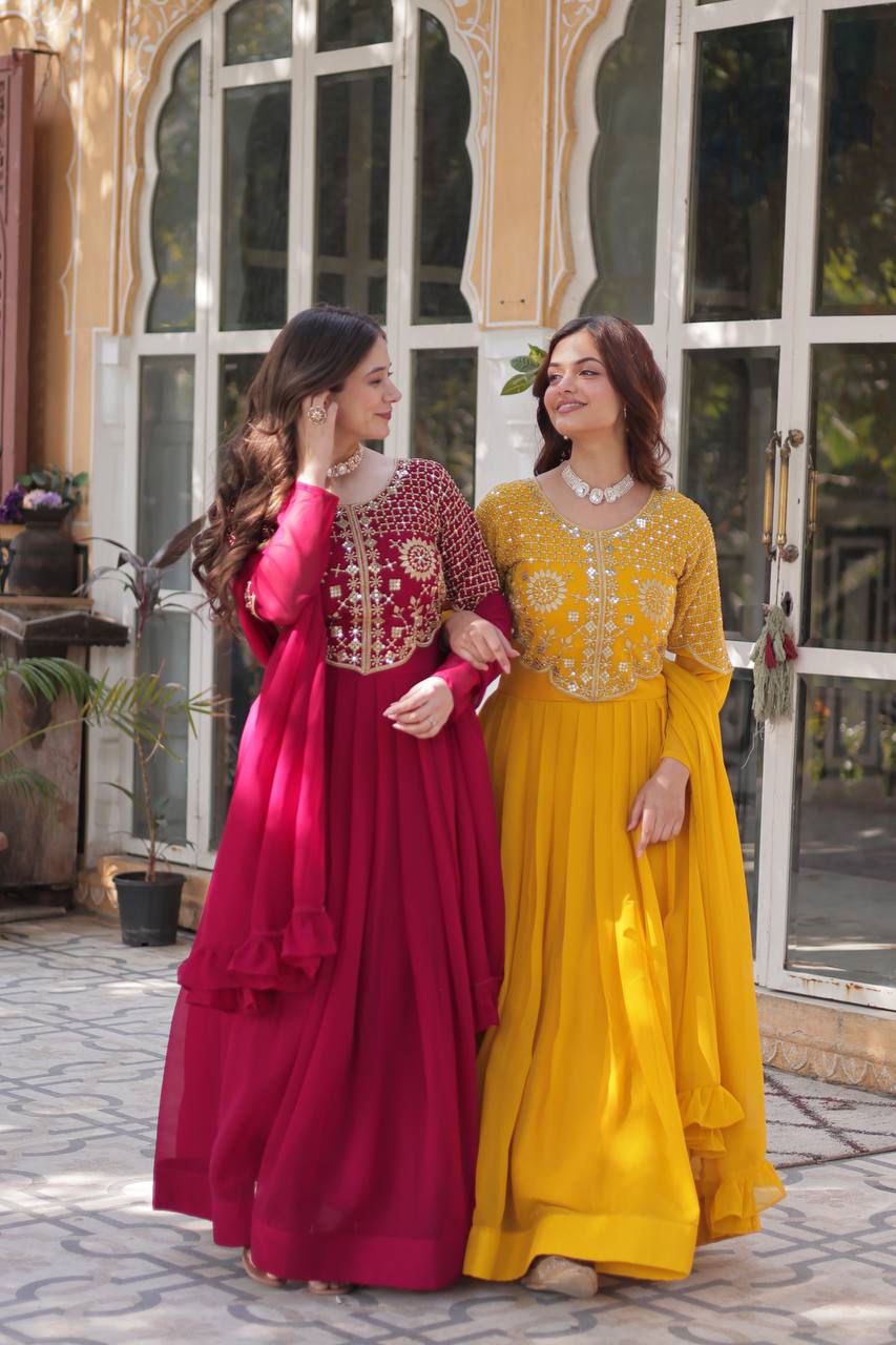 Faux Blooming Georgette With Attractive embroidered Work yellow