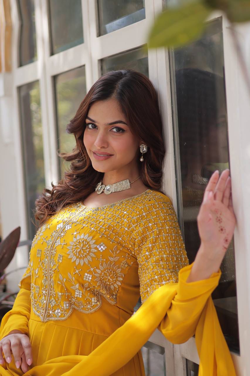 Faux Blooming Georgette With Attractive embroidered Work yellow