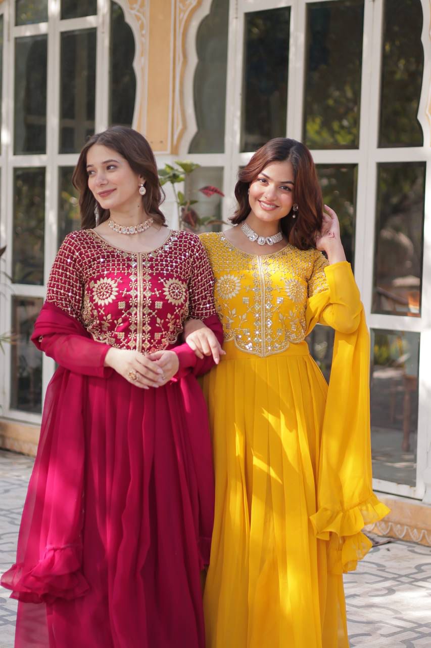 Faux Blooming Georgette With Attractive embroidered Work yellow