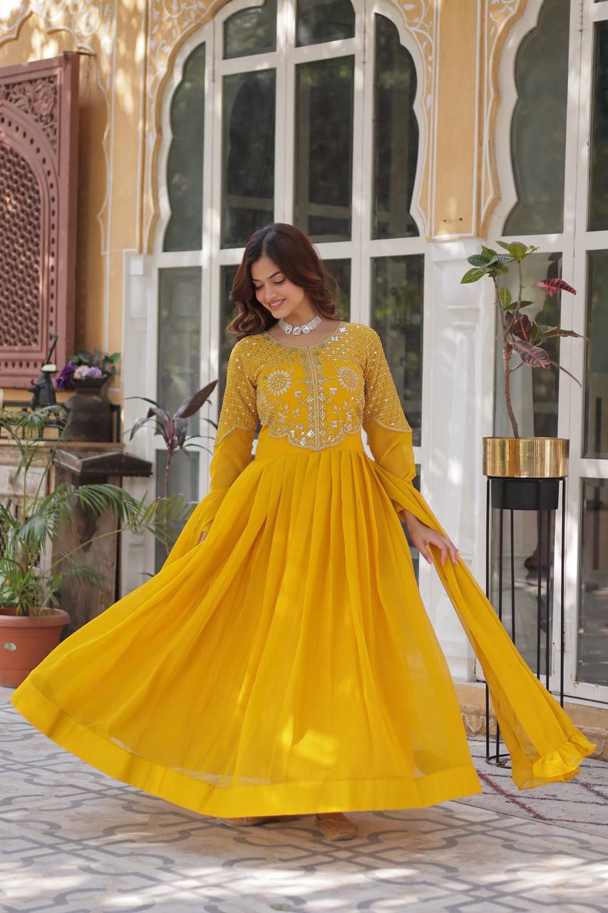 Faux Blooming Georgette With Attractive embroidered Work yellow