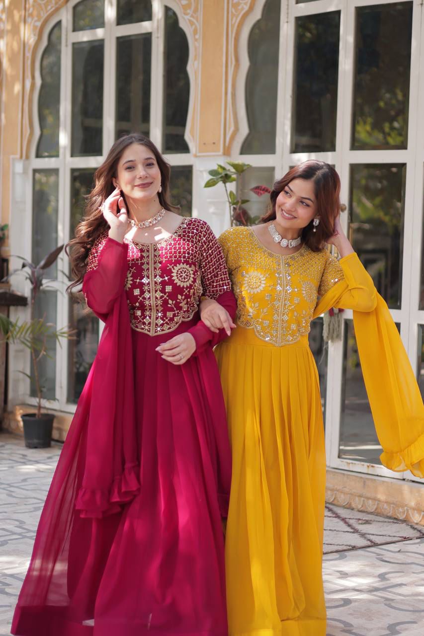 Faux Blooming Georgette With Attractive embroidered Work yellow