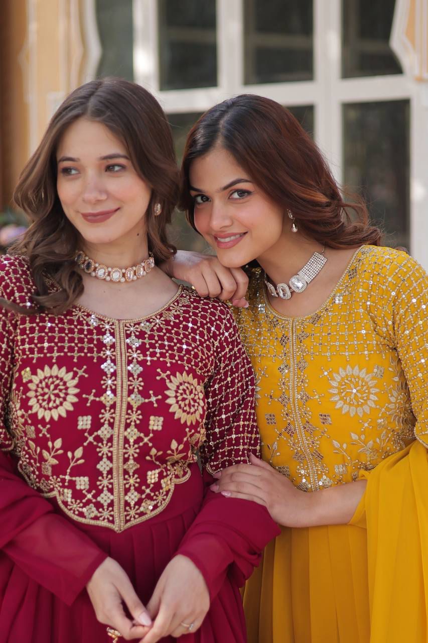 Faux Blooming Georgette With Attractive embroidered Work yellow