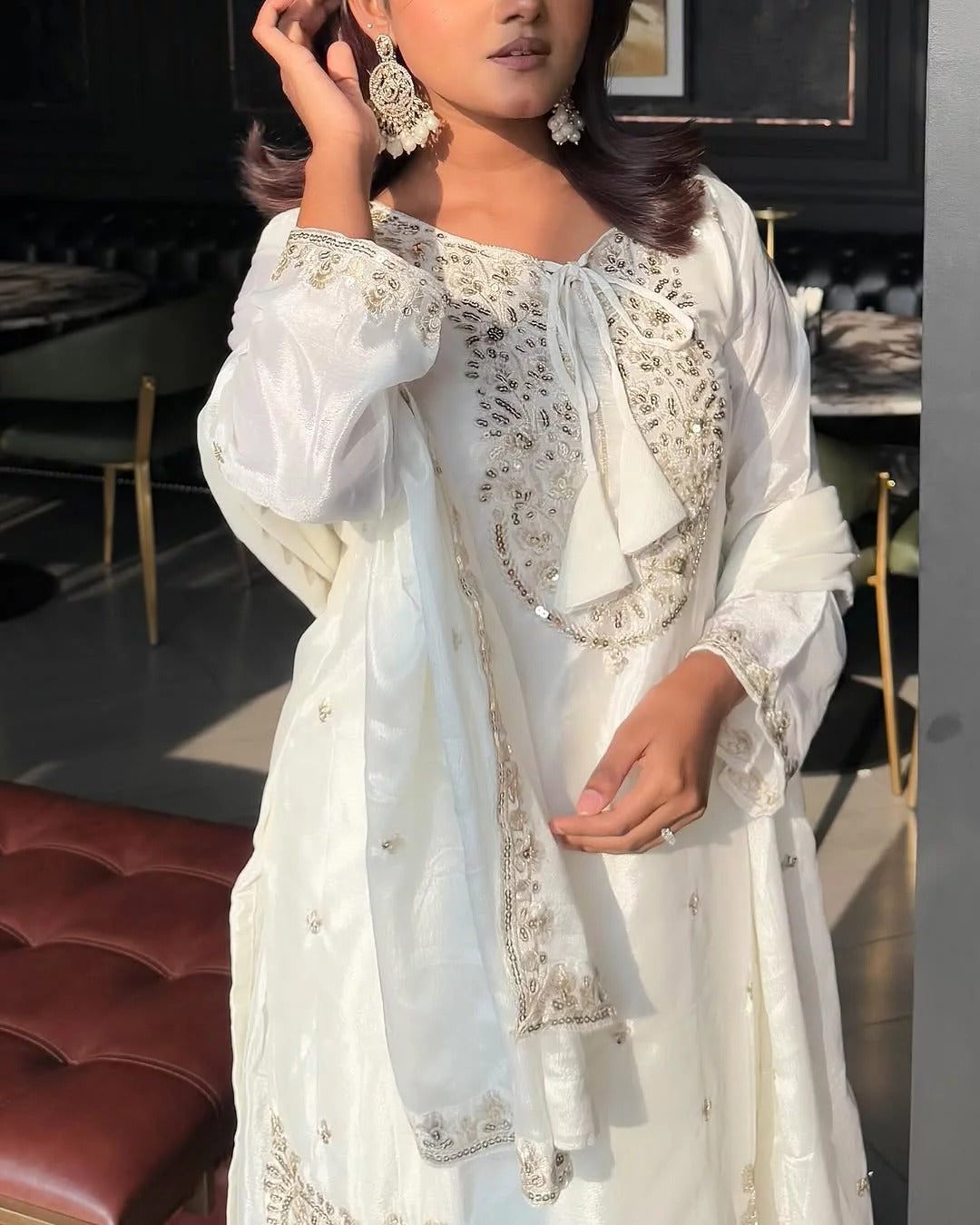 Anveri Textiles Silk Off-White Embroidered Kurta Set for Women – Includes Embroidered Bottom & Dupatta, 3/4th Sleeve, Traditional Ethnic Wear for Festivals & Parties