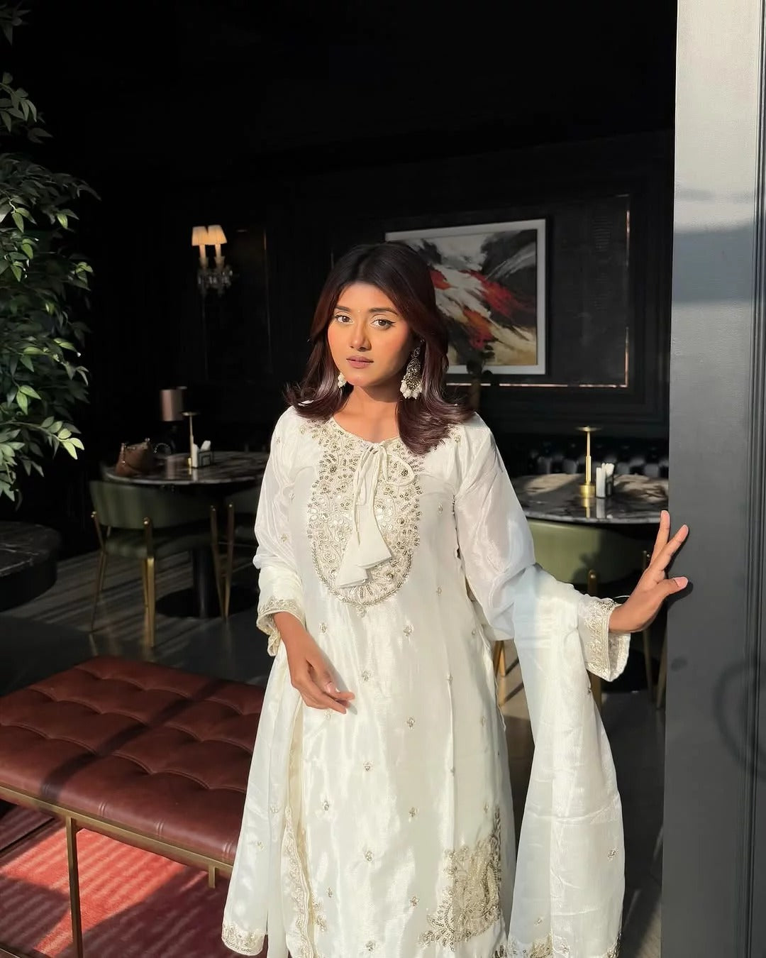 Anveri Textiles Silk Off-White Embroidered Kurta Set for Women – Includes Embroidered Bottom & Dupatta, 3/4th Sleeve, Traditional Ethnic Wear for Festivals & Parties