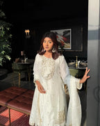 Anveri Textiles Silk Off-White Embroidered Kurta Set for Women – Includes Embroidered Bottom & Dupatta, 3/4th Sleeve, Traditional Ethnic Wear for Festivals & Parties