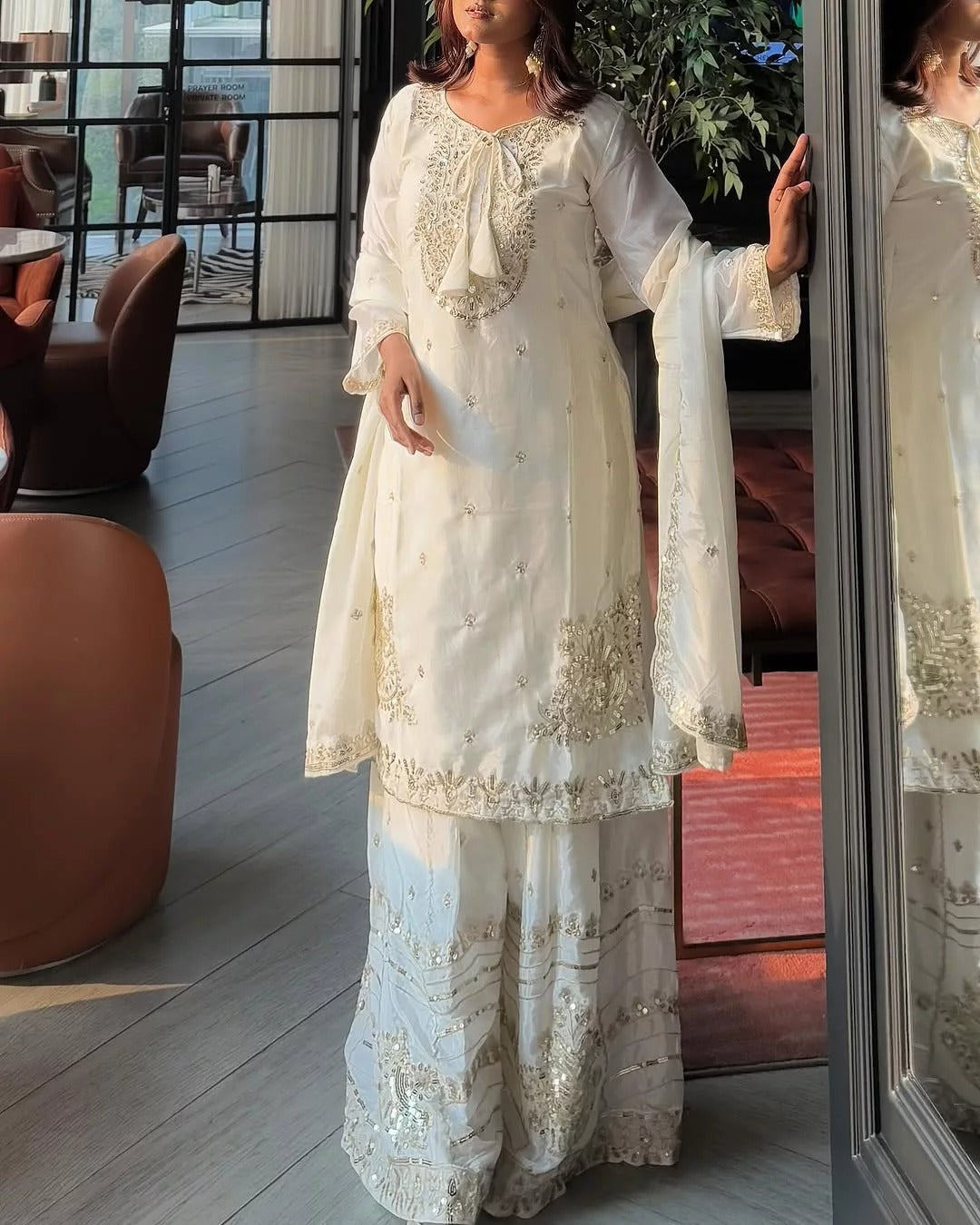 Anveri Textiles Silk Off-White Embroidered Kurta Set for Women – Includes Embroidered Bottom & Dupatta, 3/4th Sleeve, Traditional Ethnic Wear for Festivals & Parties
