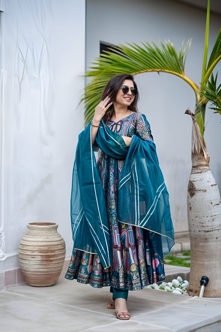 Teal Blue Printed Anarkali Set with Dupatta